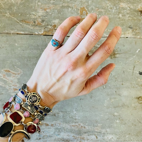 Southwestern Style Sterling Silver Turquoise & Red Coral Chip Inlay Heart Ring - Picture 3 of 13